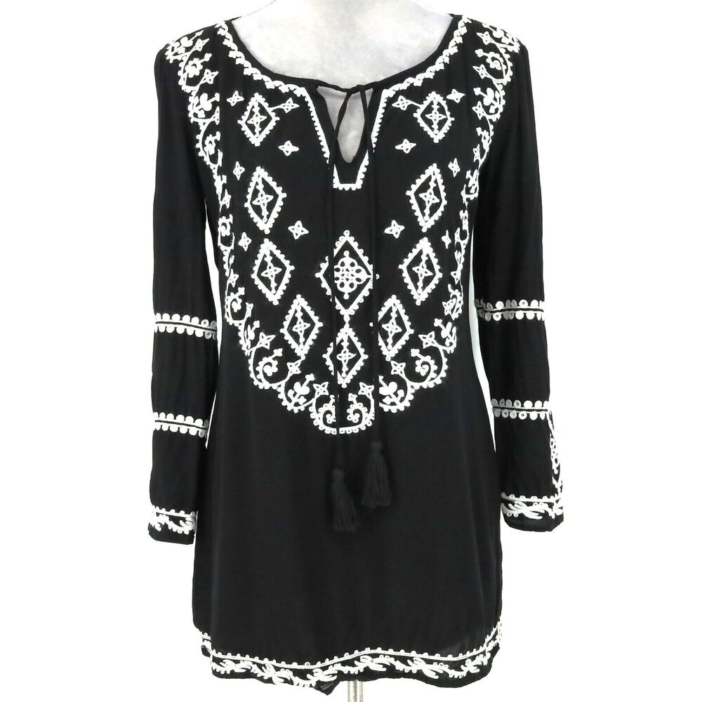 Lulus Top Womens Small Black White Blouse Tassels Embroidered Boho Western